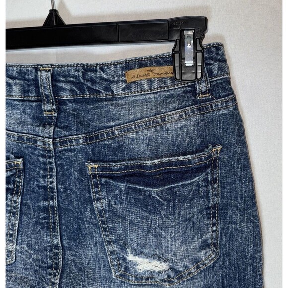Almost Famous High Rise Denim Mini Skirt Distressed Frayed Hem Side Slits Size 7 - Picture 6 of 14